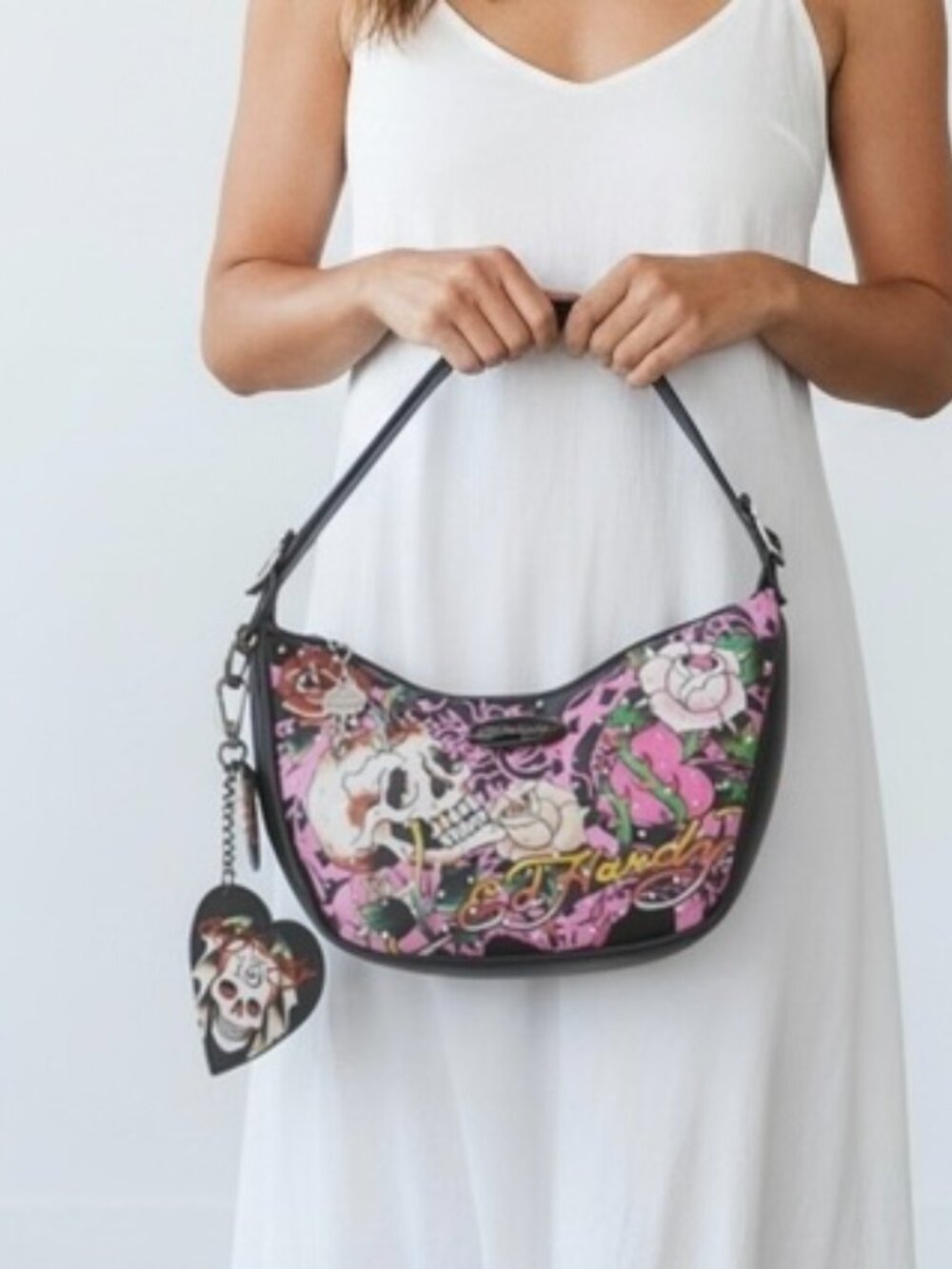 NEW Ed Hardy Crescent Hobo Bag Skull Rose Pink and Black tattoo Print Y2K Purse